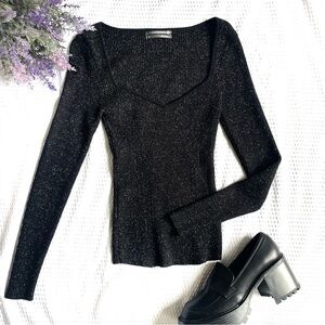 Anthropologie Black Metallic Long Sleeve Knit Top